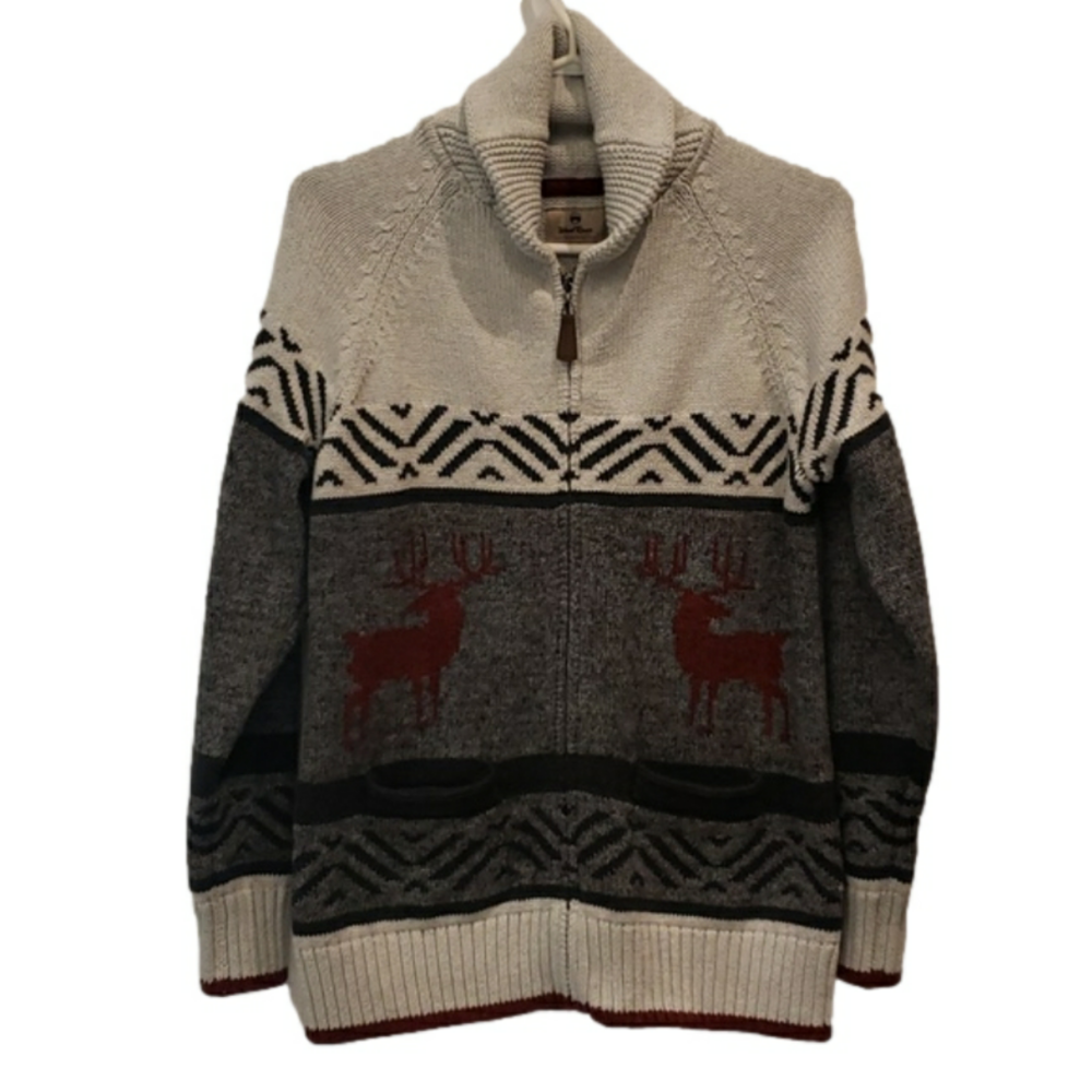 WIND RIVER Cardigain Grandma Sweater Knit Beige Grey Red Deers Cotton Women M